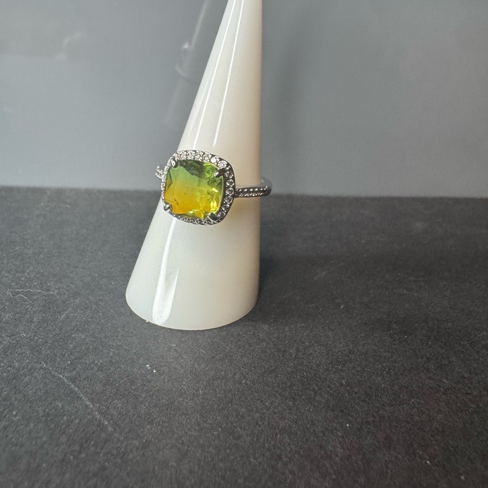 Elegant Rhodium Plating with Lab Created Lime Bi Color Peridot Gemstone Ring